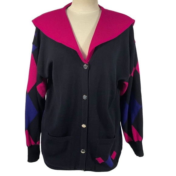 Vintage Laurel By Escada Wool Black Pink Blue Harlequin Diamond Cardigan Sz 42